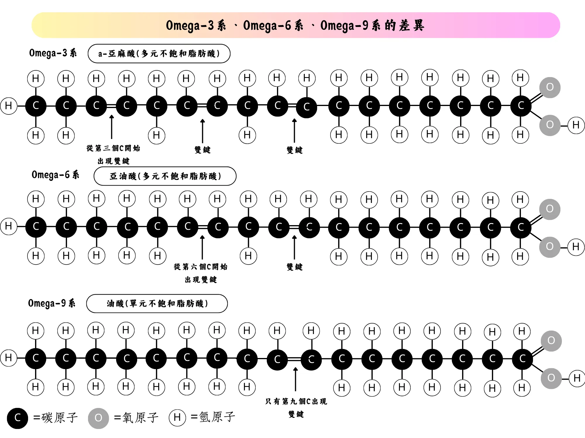 Omega-3、Omega-6 和Omega-9 之間的結構差異
