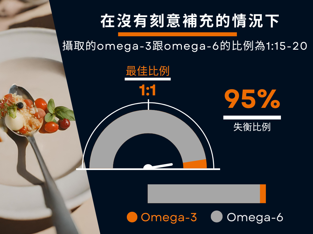 現代飲食中omega-3與omega-6攝取比例失衡儀表圖：一般情況下比例為1比15至20，95%的人比例失衡，理想比例應為1比1